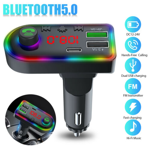 bluetooth 50 car fm transmitter mp3 handsfree radio adapter 3usb charger 7color