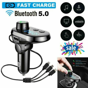 wireless bluetooth v50 car fm transmitter radio adapter mp3 kit 3in1 usb charge